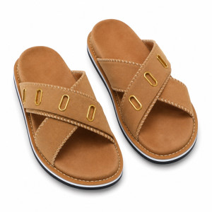 Mens Criss Cross Suede Slides with Gold Eyelet Detail